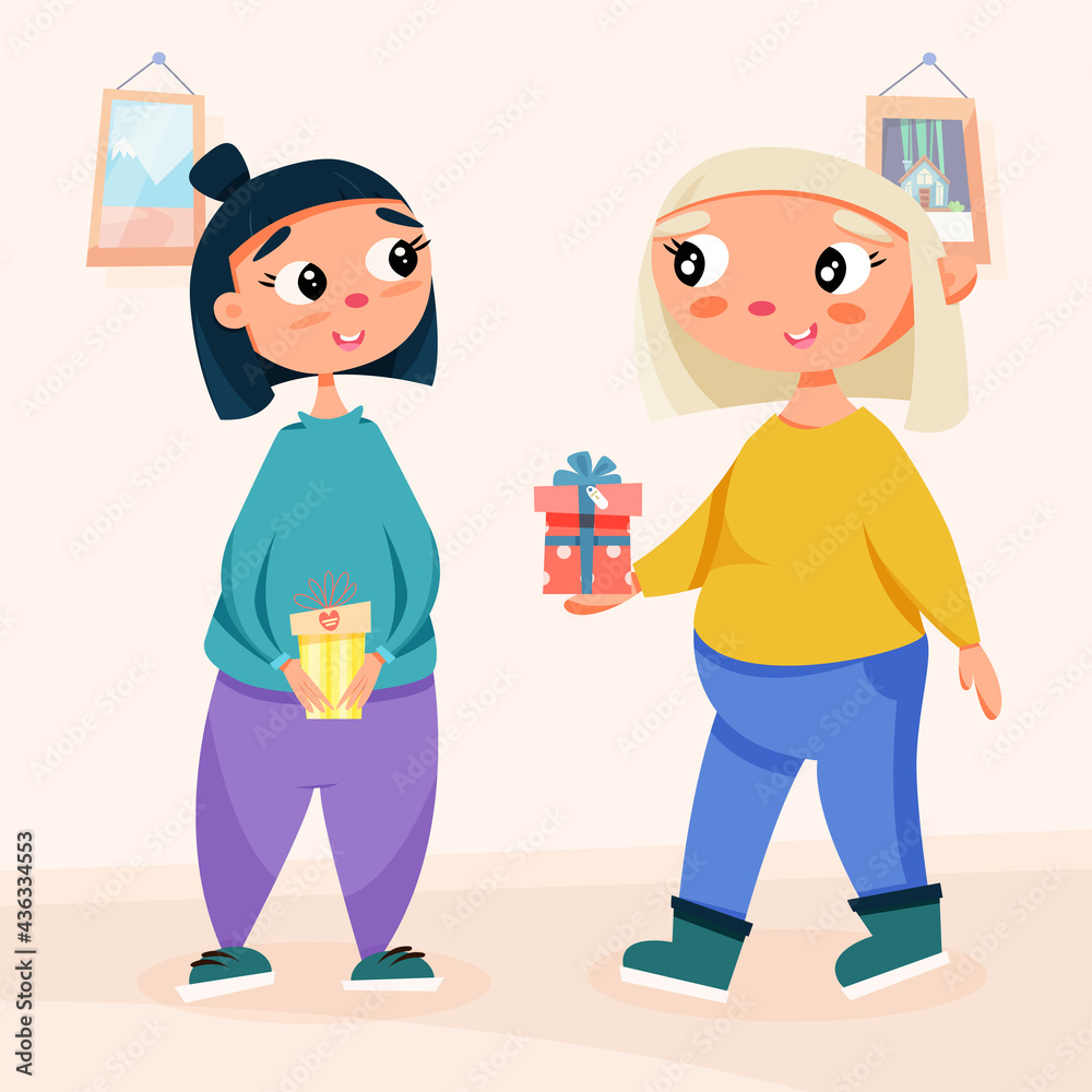 Gift giving. Girls give a gift. Vector illustration