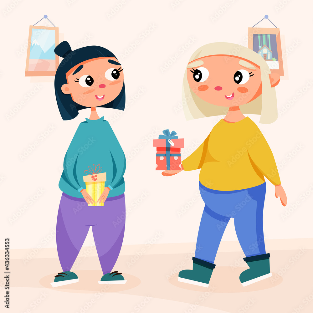 Gift giving. Girls give a gift. Vector illustration Gift giving. Girls give a gift. Vector illustration