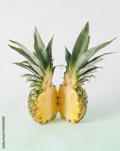 Natural tropical summer fruit arrangement made of ripe, halved, juicy pineapple with long, narrow, fleshy leaves on gradient pastel green white background. Organic, raw, healthy, food minimal concept. photo