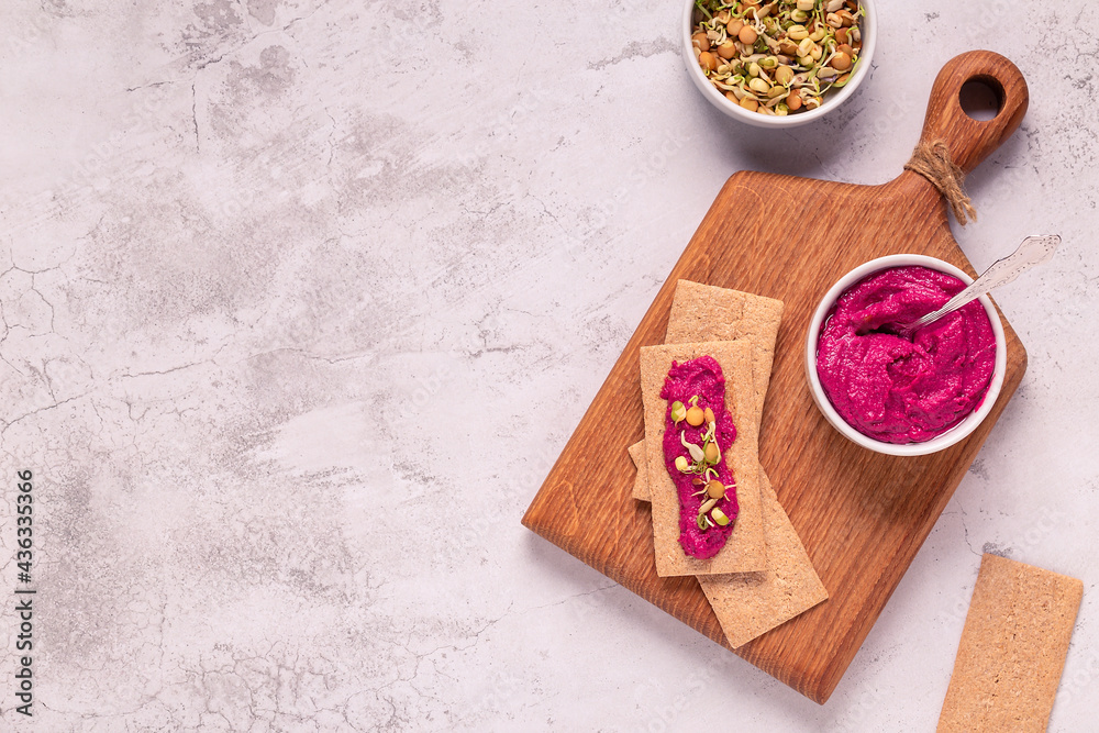 beetroot hummus, sprouted grains and whole grain crisps