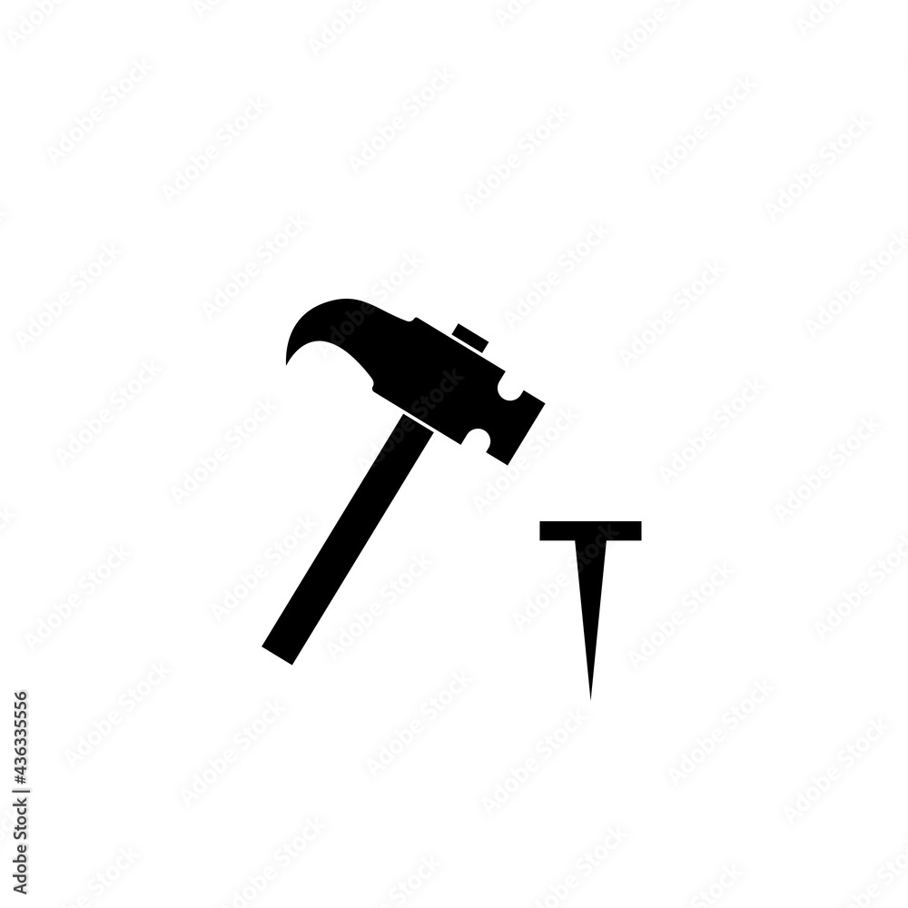 Hammer hitting nail icon. Simple hammer with weighted metal head Hammer hitting nail icon. Simple hammer with weighted metal head