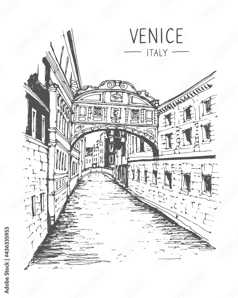 Travel sketch of Venice, Italy. Liner sketches architecture of Venice. Urban sketch in black color isolated on white background. Freehand drawing. Hand drawn travel postcard.