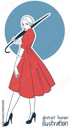 Abstract fashion illustration with woman in elegant dress with folded umbrella in blue and red colours