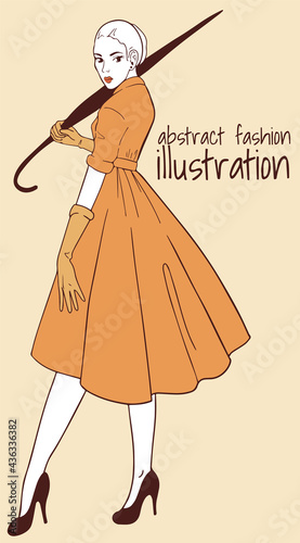 Abstract fashion illustration with woman in elegant dress with folded umbrella in yellow palette