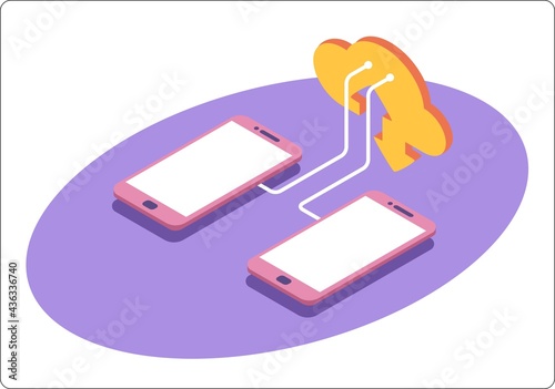 Cloud storage download isometric vector illustration 3d. Digital service or app with data transferring. Online computing technology.