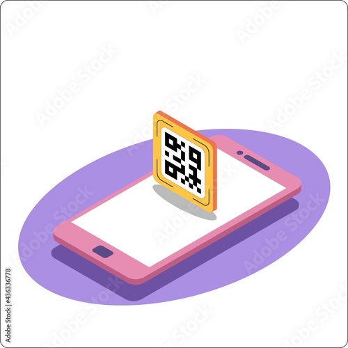 Phone model and link qr code. 3d isometric vector illustration.