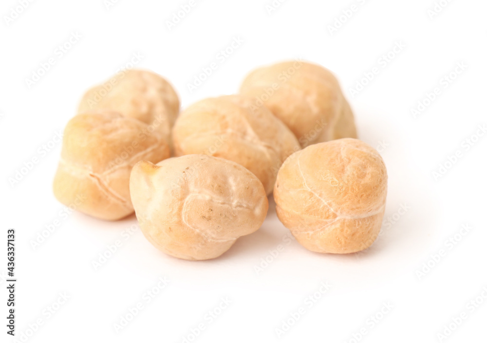 Pile of raw chickpeas on white background. Vegetable planting