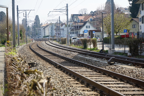 Trainrails and railway in the city of horgen switzerland photo