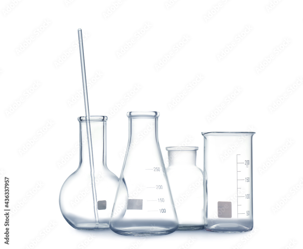 Empty clean laboratory glassware on white background Empty clean laboratory glassware on white background