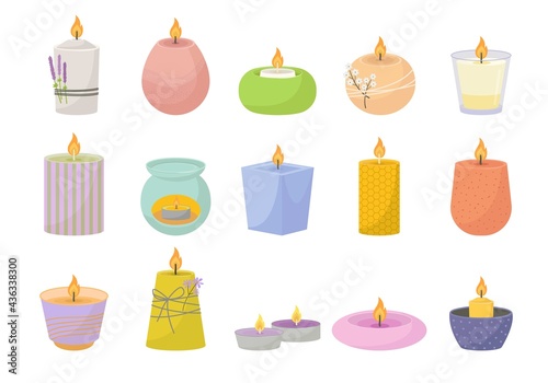Relaxing aroma candles set. Curly wax for spa salons and meditation with aromatherapy purple beauty pastel after hard day treatment stress relief cozy yellow romance. Vector romance cartoon.