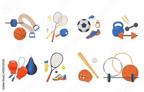 Sports items set. Glove and baseball bat fitness ball with hoops punching bag and skipping rope tennis racket active badminton and heavy dumbbells for muscle building. Vector cartoon leisure.