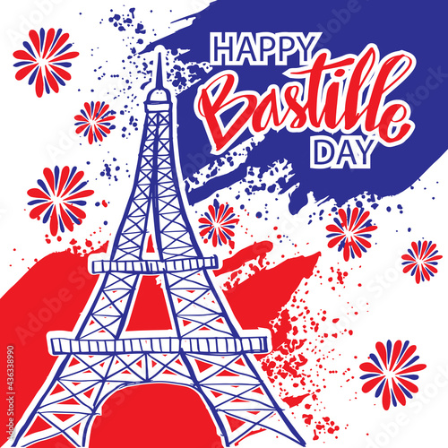 Happy Bastille Day, 14th of July. Holiday greeting card with Eiffel tower.