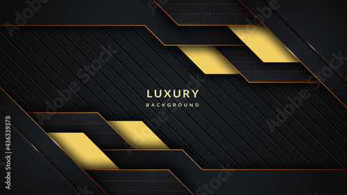 Luxury abstract background with modern black shapes and golden shine shapes, lines, and dots.  Modern template elegant design with vector layers and dark shadow.
