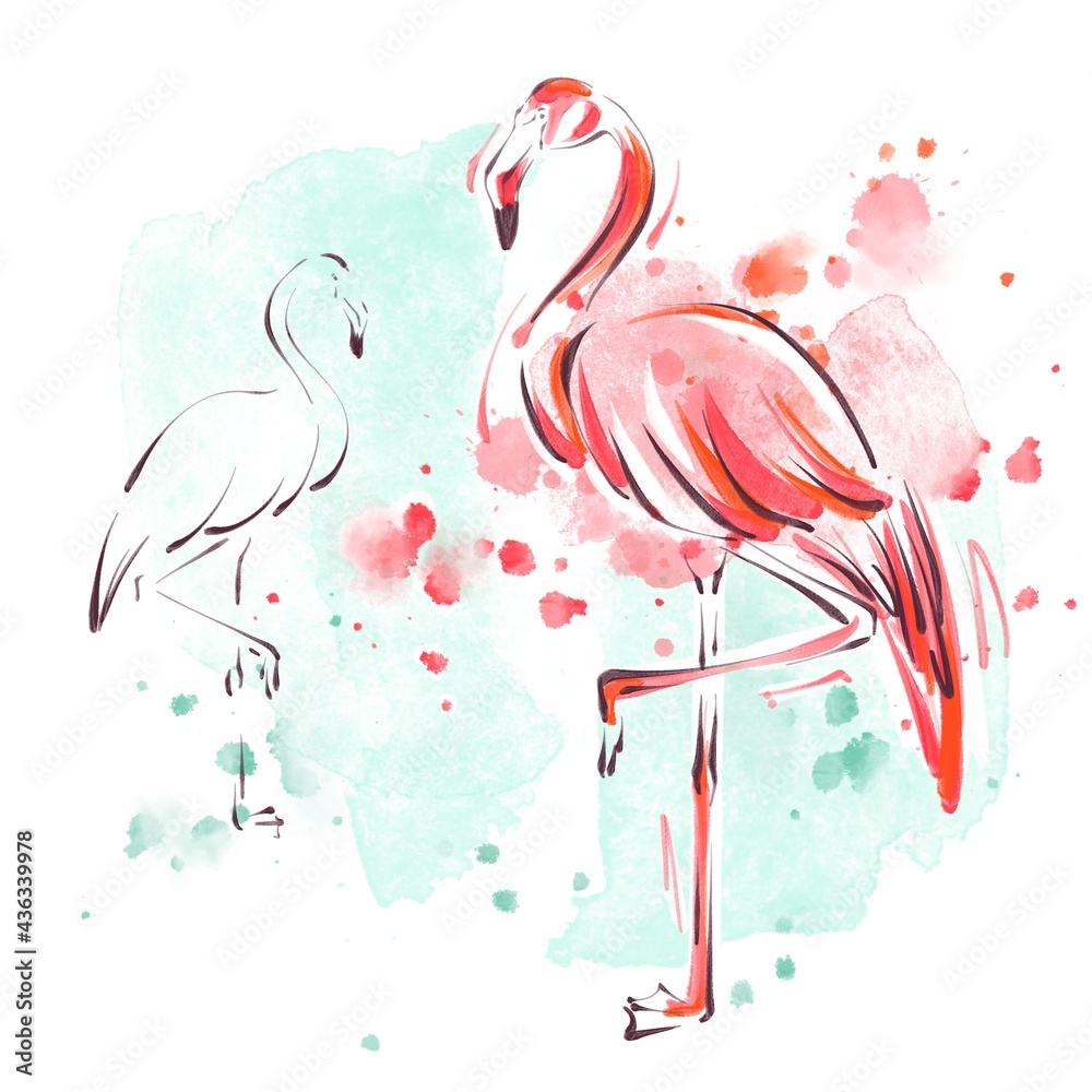 Watercolor card pink flamingo. Used for cards, prints, posters, invitations