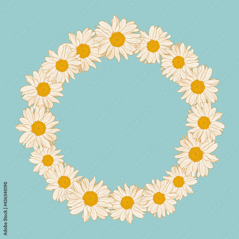 Floral wreath with chamomiles on powder blue background. Vector illustration element with copy space, may use for greeting cards, invitations, wedding, birthday, easter, package design.