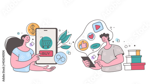 People man woman characters making purchase online by smartphone and internet. Online web shopping ecommerce concept. Vector graphic design illustration