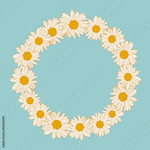 Floral wreath with chamomiles on powder blue background. Vector illustration element with copy space, may use for greeting cards, invitations, wedding, birthday, easter, package design.