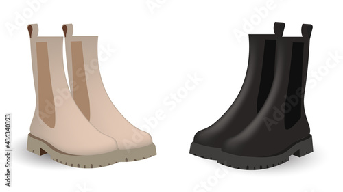 Chelsea boots of two colors: beige and black. Light color chelsea, black chelsea. Caplsule wardrobe 2021 vector design. 