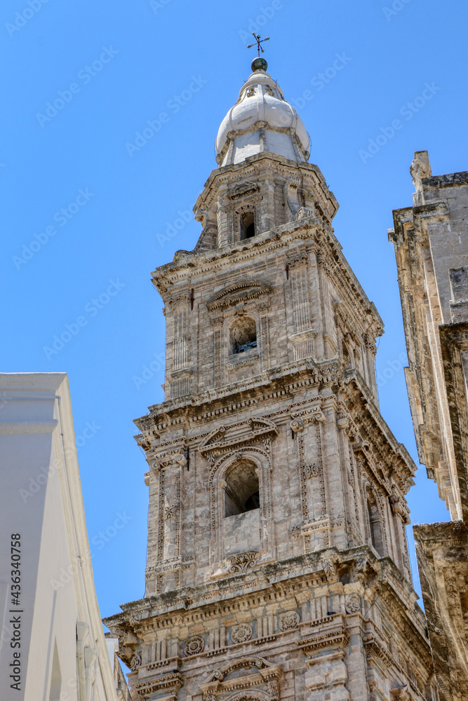 The bell tower of the Basilica of the Madonna della Madia, Monopoli Cathedral in the old town of Monopoli, Puglia, Italy