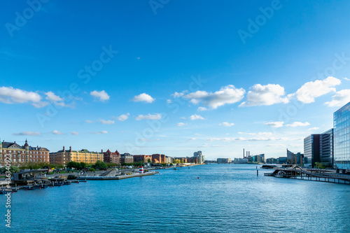 Copenhagen waterfront cityscape in Copenhagen, Denmark. Cityscape showing waterfront buildings. © uskarp2