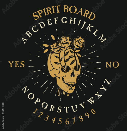 Spirit Board Ouija with Skeleton.  Vector Illustration.