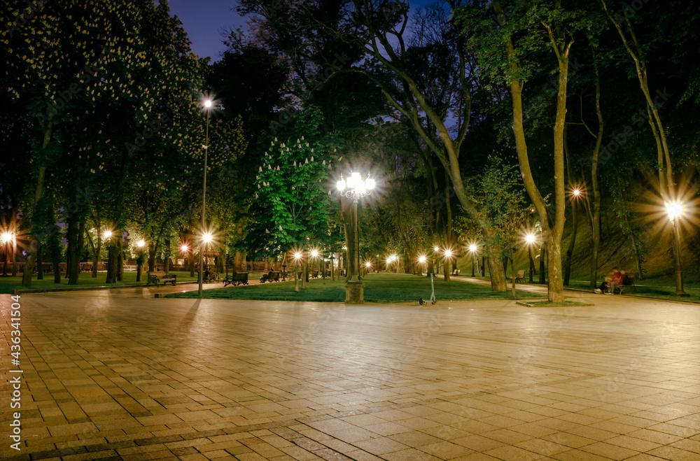 Obraz premium The tiled road in the night green park with lanterns in spring. A benches in the park during the spring season at night. Illumination of a park road with lanterns at night. Mariinsky Park. Ukraine
