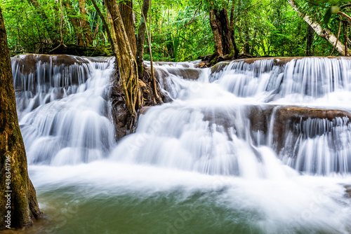 Waterfall and blue emerald water color in Huay Mae Khamin national park. Huay Mae Khamin, Beautiful nature rock waterfall steps in tropical rainforest at Kanchanaburi province, Thailand © cattyphoto
