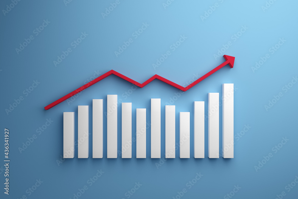 Business growing graph with red arrow on blue background. Creative business concept of progress and development. 3d rendering. Business growing graph with red arrow on blue background. Creative business concept of progress and development. 3d rendering.