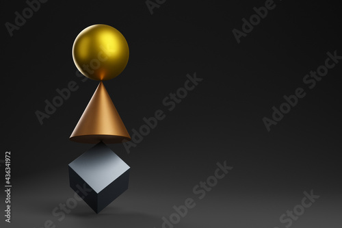Fototapeta Naklejka Na Ścianę i Meble -  Zen figures metal cube square ball on dark background. Balance concept. 3d Rendering.