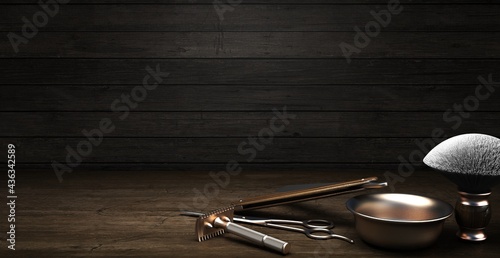 Vintage barber shop tools on wood background with place for text. 3d rendering © Karneg