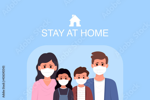 Young parents and children stay at home to prevent from corona virus. Vector illustration in a flat style