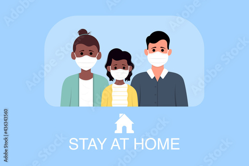 Young parents and children stay at home to prevent from corona virus. Vector illustration in a flat style