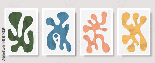 Set of Matisse inspired contemporary collage posters with textured abstract organic shapes in neutral colors, vector illustration