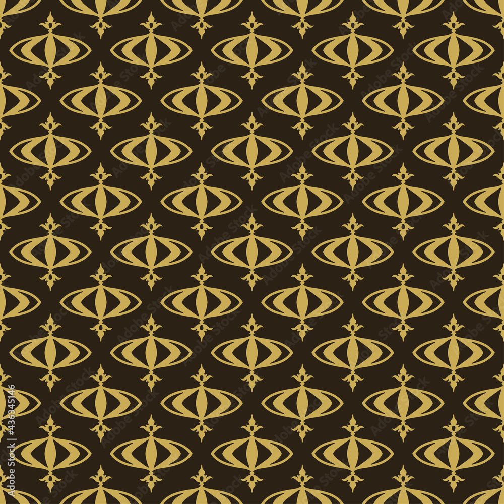 Background pattern with golden decorative elements on a black background, wallpaper. Seamless pattern, texture. Vector illustration
