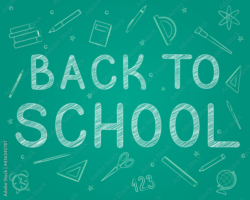 Set of school items in chalk on a green blackboard. Back to school.
Set of school items in chalk on a green blackboard. Back to school.