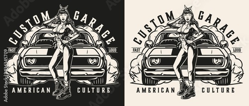Custom car garage vintage monochrome print