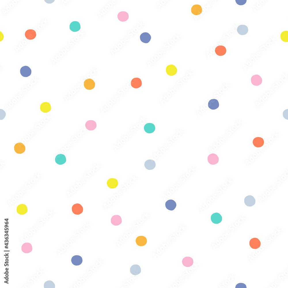 Colourful rainbow polka dots vector seamless pattern. Festal confetti Scandinavian childish background for fabric, wrapping, textile, wallpaper, apparel.
