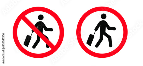 No trolley case Vector bags icon Travel suitcase, luggage for vacation, holiday Stop halt allowed cases area Do not enter bag zone No ban walking on street or airport No baggage or handbag to roll