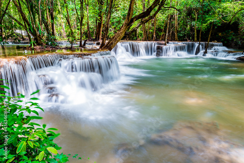 Waterfall and blue emerald water color in Huay Mae Khamin national park. Huay Mae Khamin  Beautiful nature rock waterfall steps in tropical rainforest at Kanchanaburi province  Thailand