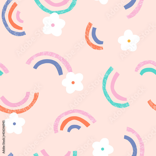 Rainbow and daisy flower vector seamless pattern. Summer floral Scandinavian nursery print design. Hippie positive vibes background.