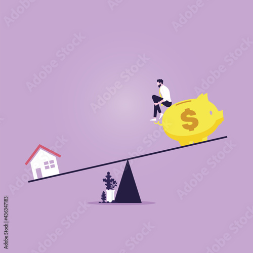 Property investment and home mortgage financial concept, House and piggy bank with businessman balancing on a seesaw