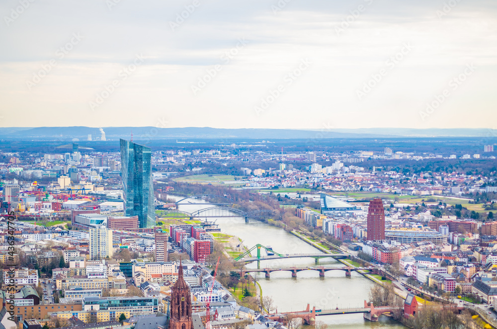 Frankfurt urban scenery from above. River through city. 