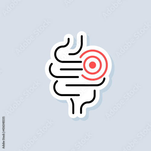 Abdominal bloating sticker. Not healthy digestive tract icon. Intestinal inflammation icon, abdominal pain, constipation, gut appendicitis. Vector on isolated background. EPS 10
