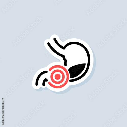 Stomachache sticker. Sick stomach logo. Stomach ache sign. Gastrointestinal icon. Vector on isolated background. EPS 10