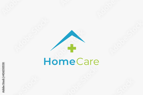 Simple Home Care Logo. Blue Geometric Silhouette Shape House Icon with Green Cross Plus Sign Combination isolated on White Background. Flat Vector Logo Design Template Element.