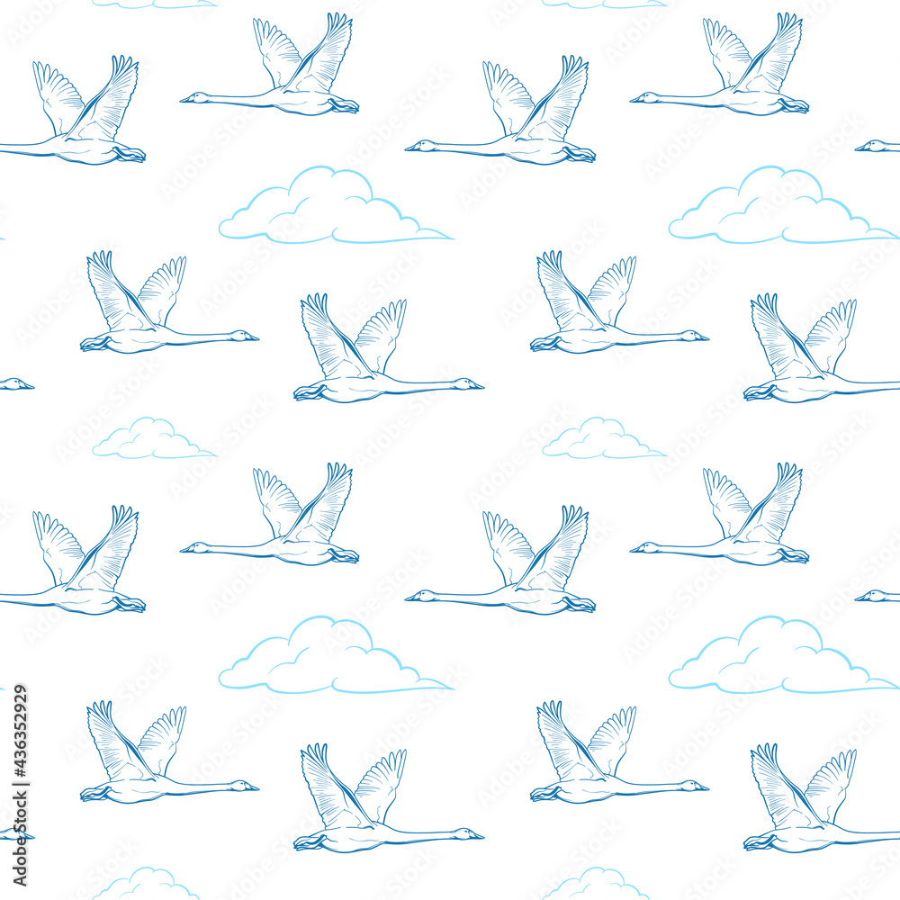 Fototapeta premium Swans are flying in the sky against the background of clouds. Vector illustration. Seamless vector pattern. 