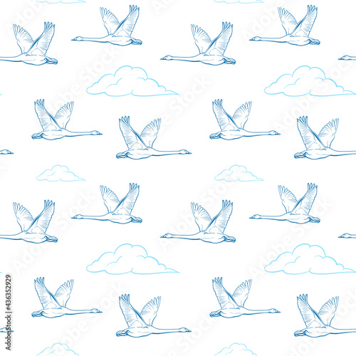 Swans are flying in the sky against the background of clouds. Vector  illustration. Seamless vector pattern. 