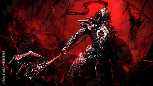 Fotografiet A demonic knight in sinister plate armor and helmet, stands in a dynamic perspective holding a shield and a huge axe with the head of a devil