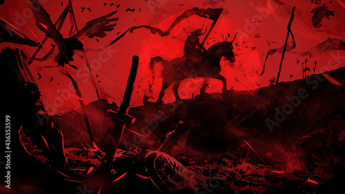 The battlefield is littered with corpses and broken weapons, the last surviving horseman is walking on it, riddled with arrows, he does not throw the banner, against the background of the bloody sun 