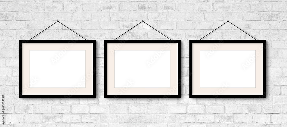 Three Horizontal Frames On White Brick Wall. 3 Picture Frame Empty Blank  with Black borders Hanging in Grey Bricks Background. Professional design  Mockup. 3D Visualization Stock Photo | Adobe Stock